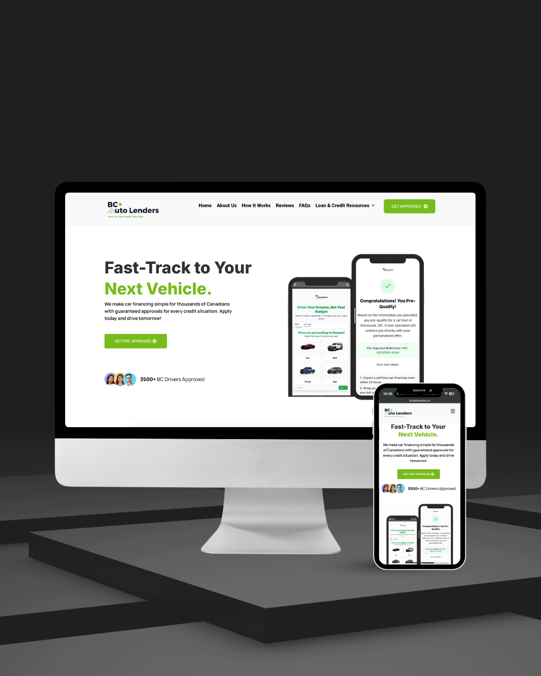 BC Auto Lenders automotive financing website shown on desktop and mobile devices