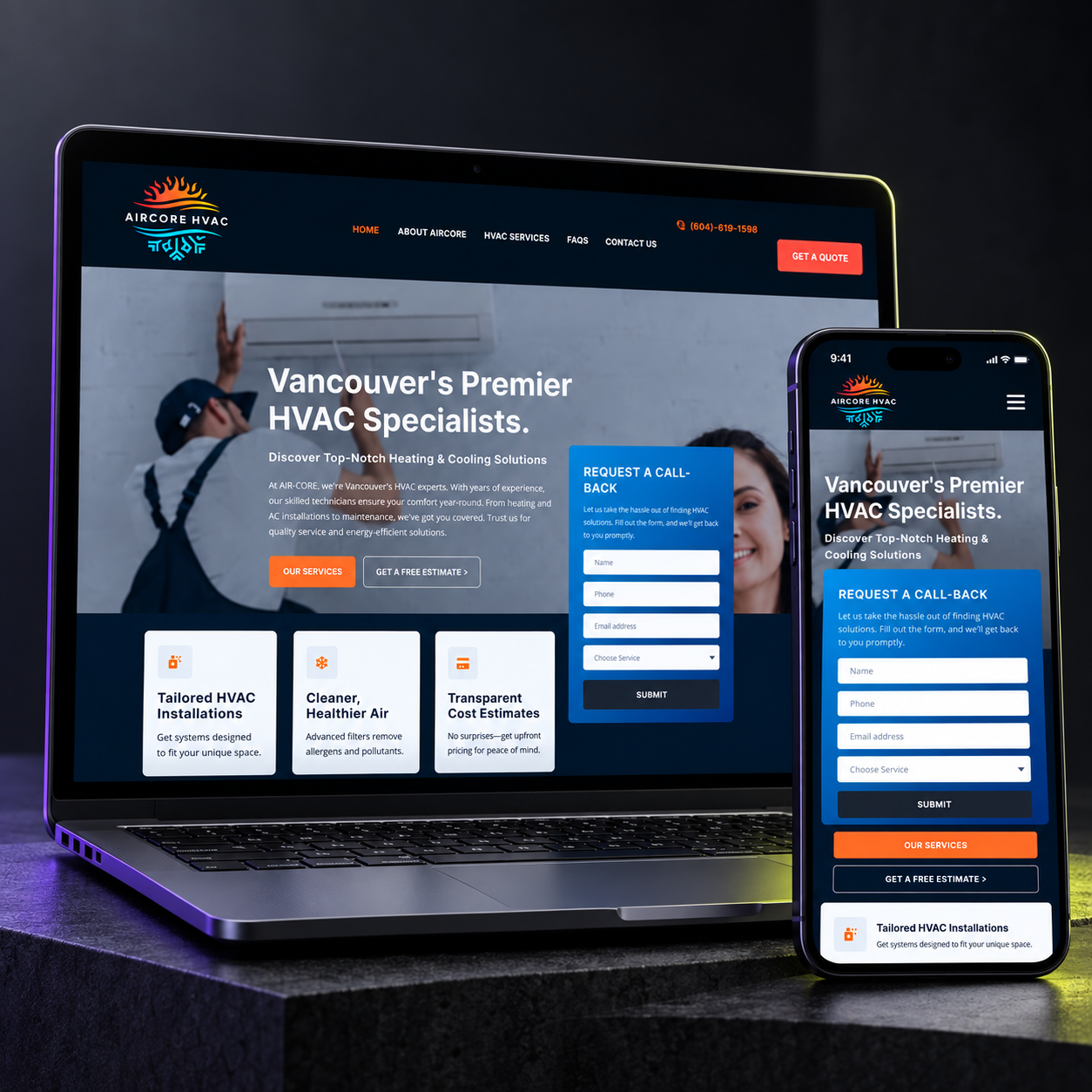 Heating and cooling contractor website design for Aircore HVAC
